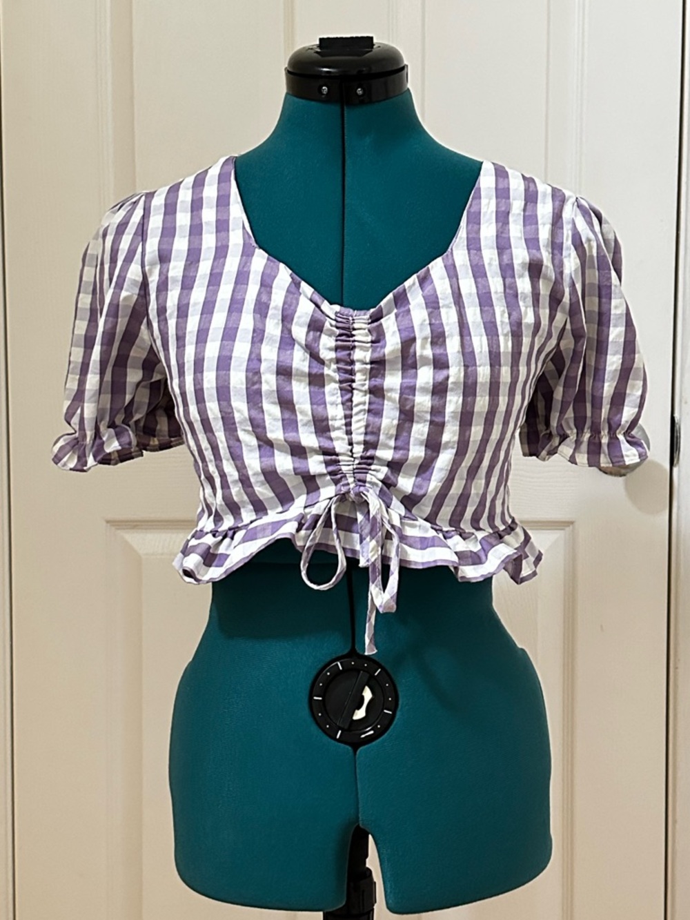 Runway Paris Sz L Purple/White Gingham Tie-Front Crop Top Puff Sleeves Feminine